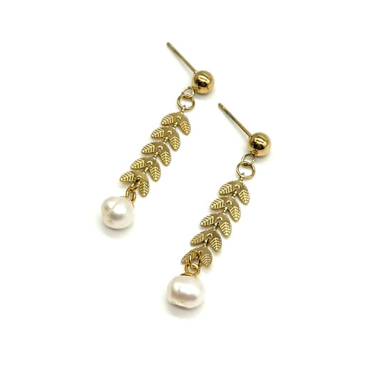 Fresh Water Pearl Leaf Drop Earring