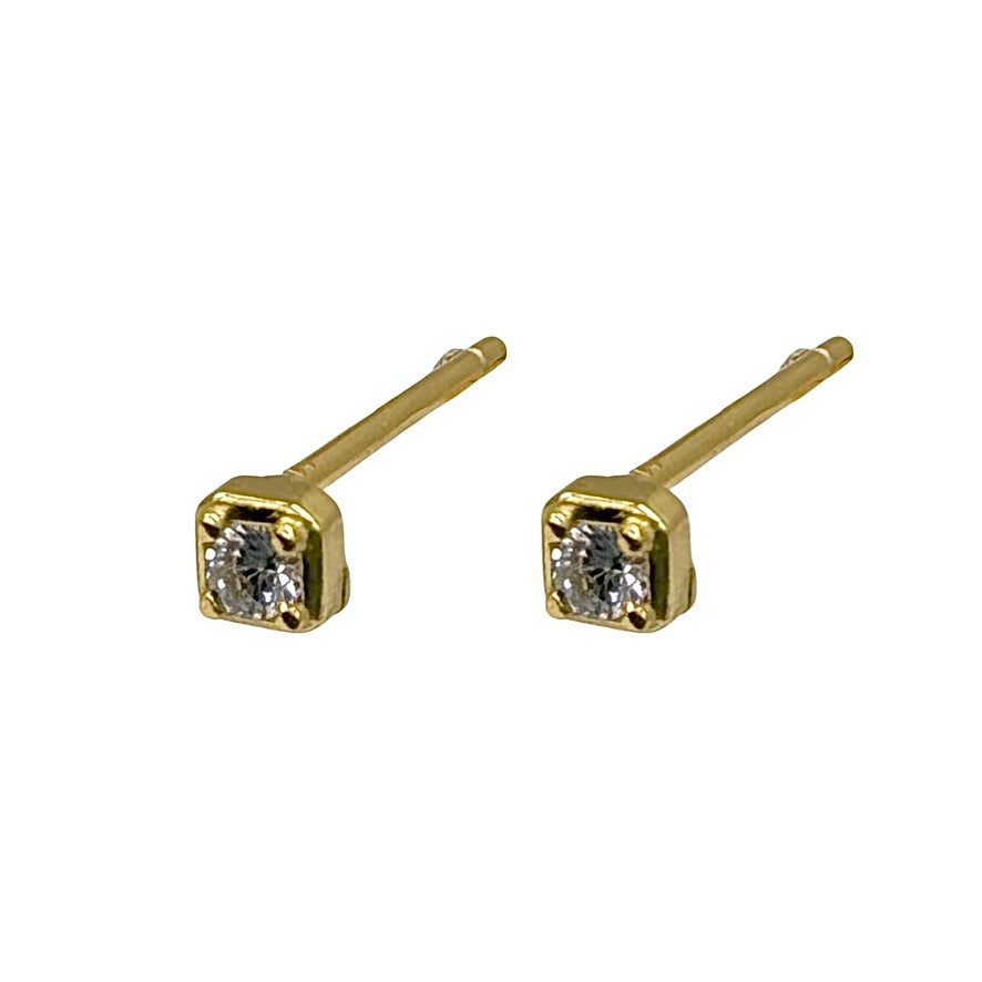 Gold Square Stud With Cubic Zirconia Centre