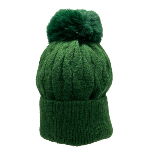 Faux Fur Cable Knit Pom Pom Hat