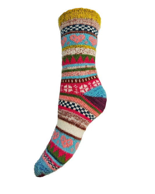 Multi Coloured Yellow Cuff Scandi Patterned Wool Blend Socks
