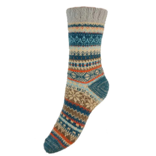 Teal, Fawn & Orange Scandi Patterned Wool Blend Socks