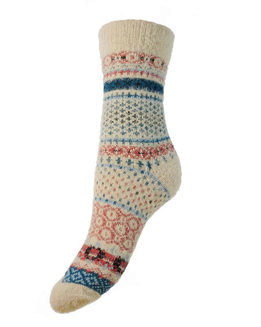 Cream, Blue & Salmon Wool Blend Socks