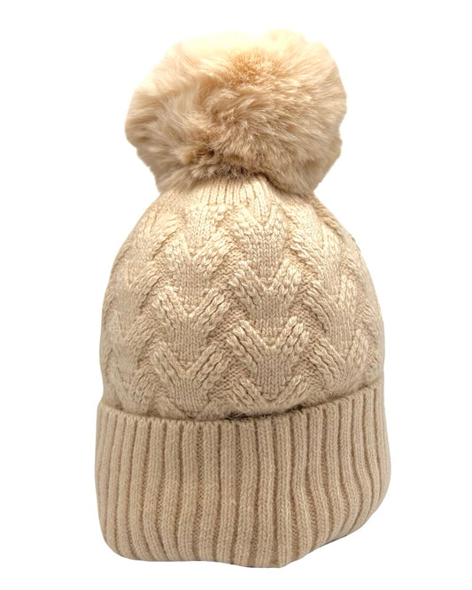 Faux Fur Cable Knit Pom Pom Hat