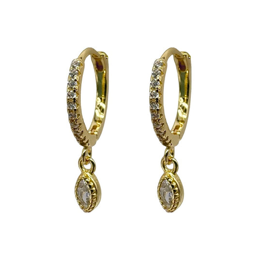 Gold Oval Drop Huggie With Cubic Zirconia
