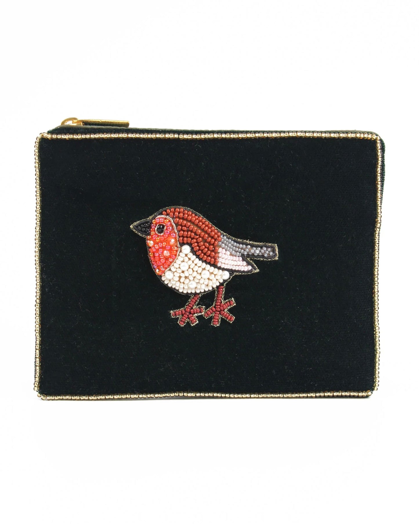 Dark Green Robin Small Velvet Pouch