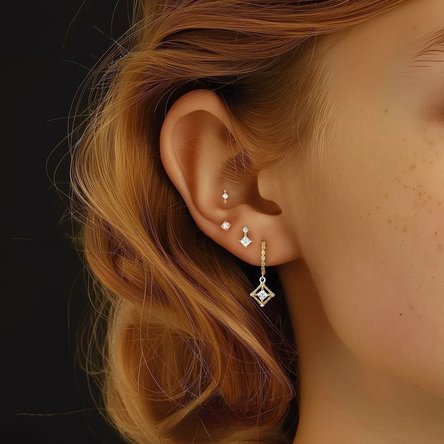 Gold Square Stud With Cubic Zirconia Centre