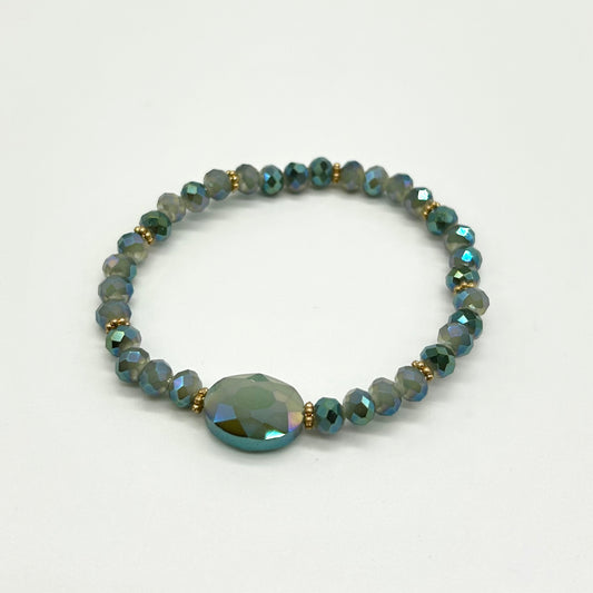 Facetted Crystal Bead With Oval Bead Elasticated Bracelet