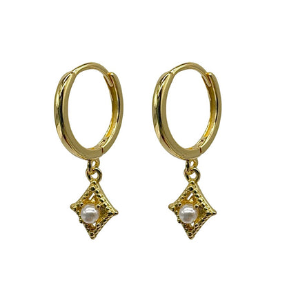 Gold Square Drop Huggie With Mother Of Pearl Centre