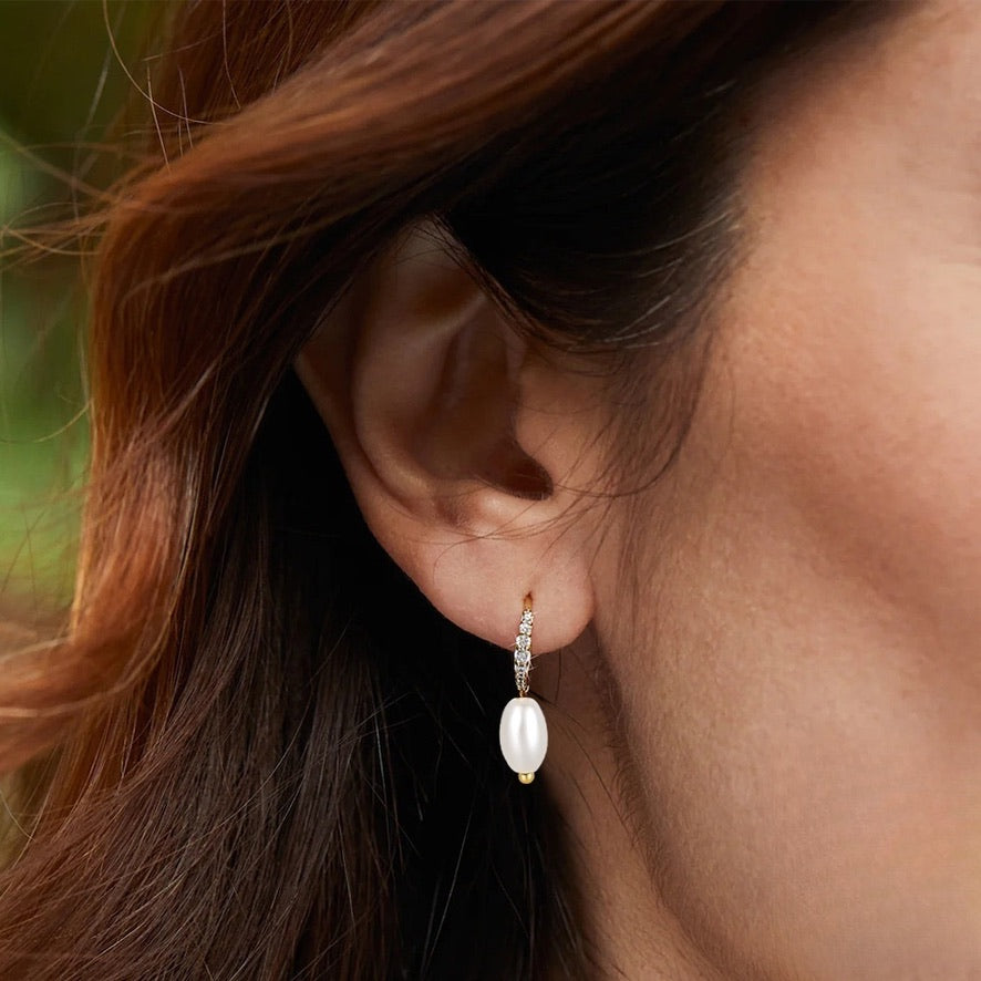 Gold Mother Of Pearl Drop Huggies With Cubic Zirconia
