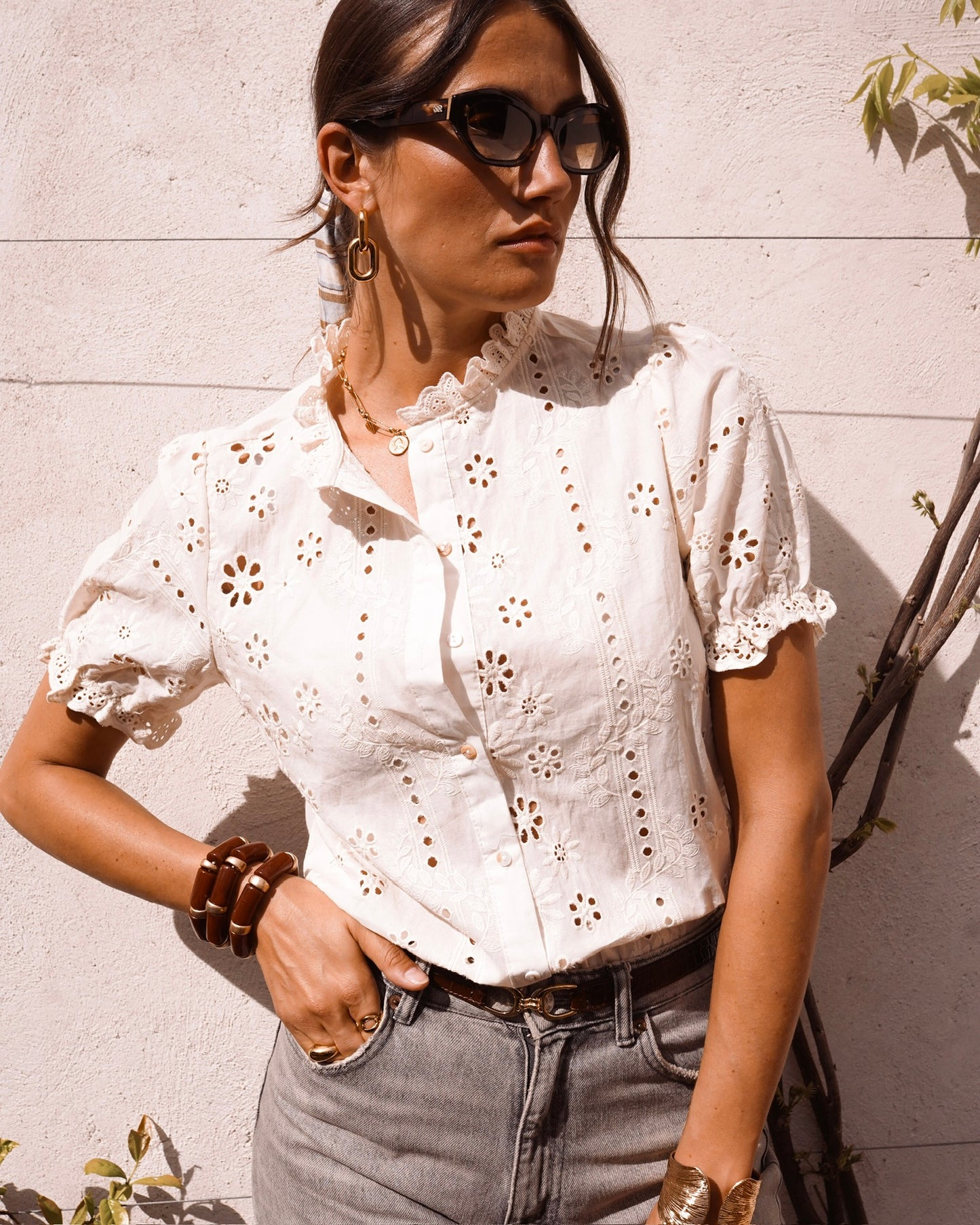 Estella Open Flower Embroidery Blouse