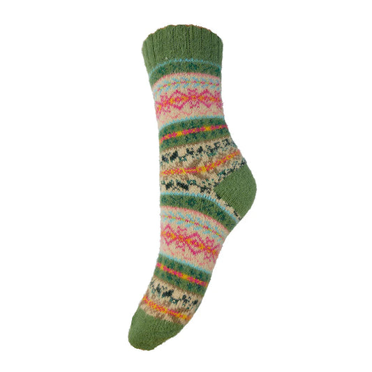 Green, Fawn & Pink Scandi Patterned Wool Blend Socks
