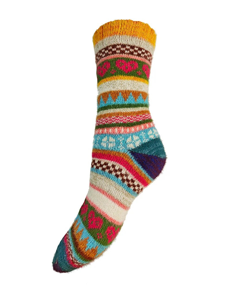 Multi Coloured Orange Cuff Scandi Patterned Wool Blend Socks