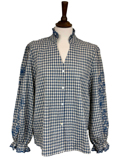 Elyna Gingham Floral Embroidered Sleeve Blouse