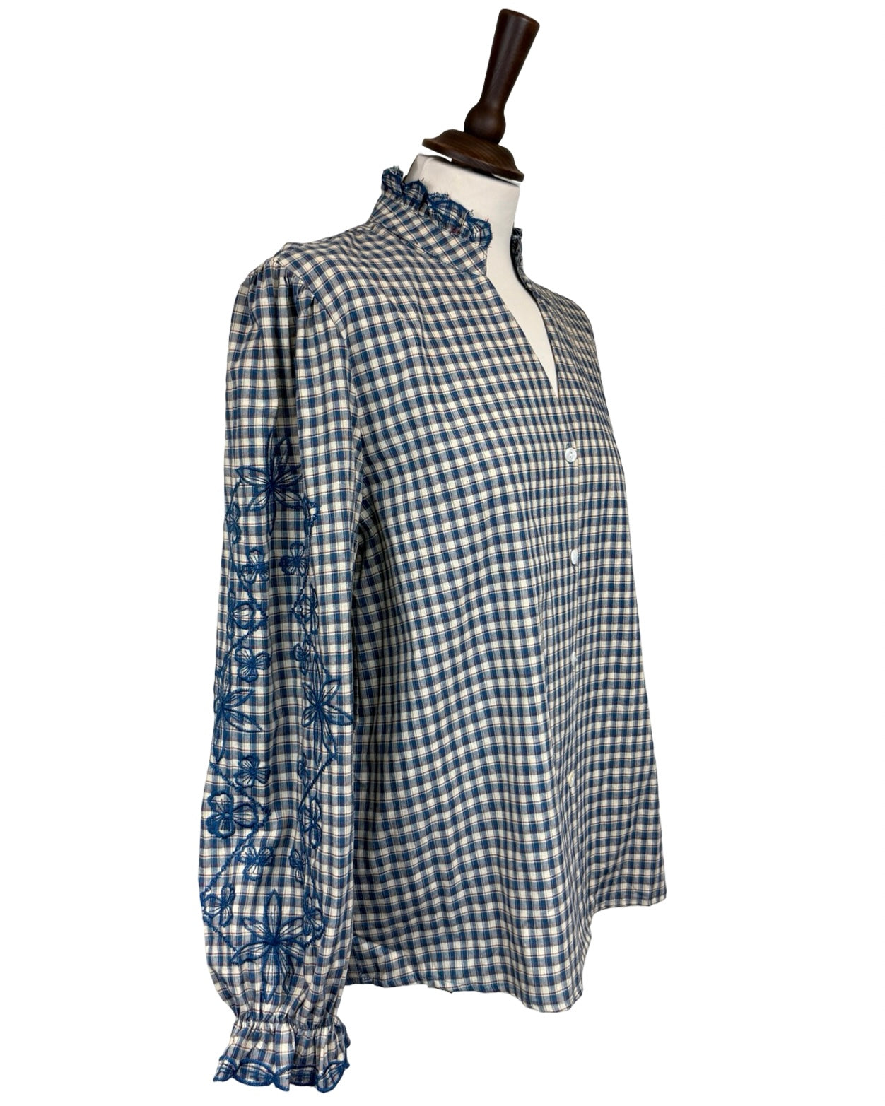 Elyna Gingham Floral Embroidered Sleeve Blouse