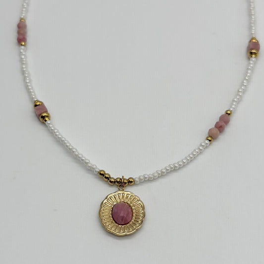 Multi Bead & Oval Ribbed Pendent Necklace