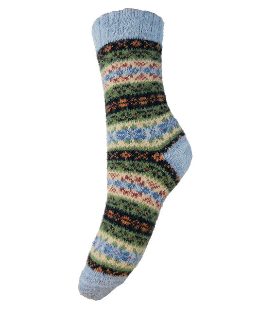 Pale Blue, Green & Black Scandi Patterned Wool Blend Socks