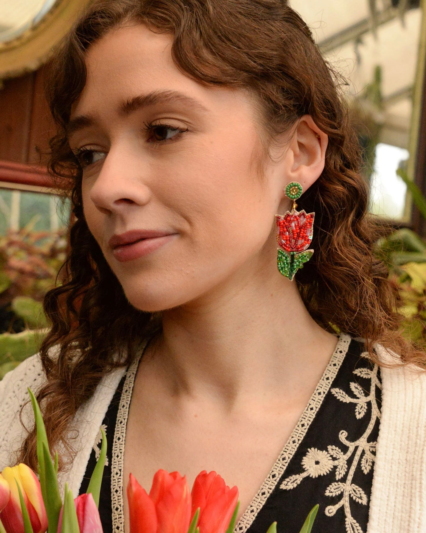 Red Tulip Beaded Earrings