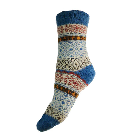 Blue, Cream & Brown Scandi Patterned Wool Blend Socks