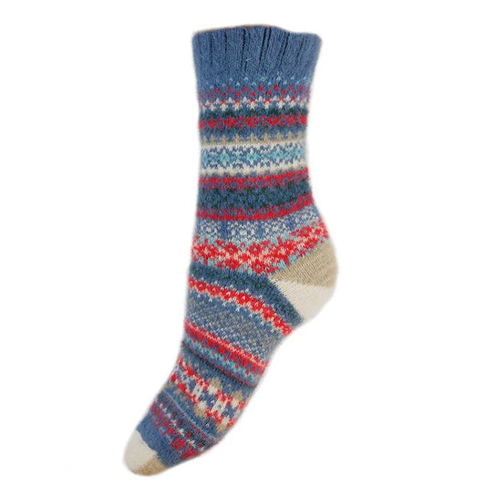 Blue, Cream & Red Scandi Patterned Wool Blend Socks