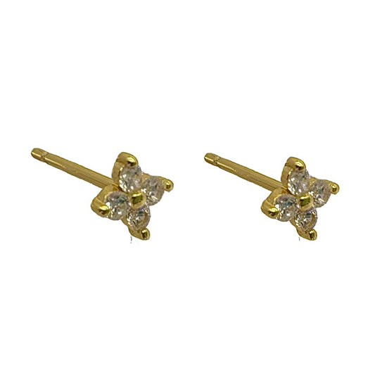 Gold 4 Petal Flower Stud With Cubic Zirconia
