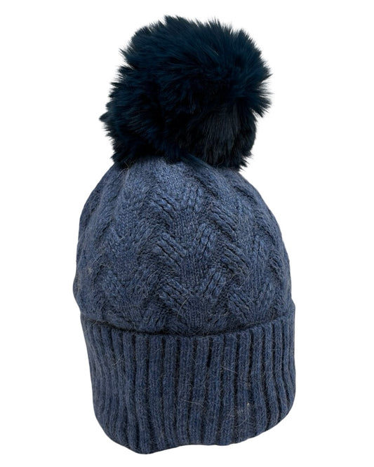 Faux Fur Cable Knit Pom Pom Hat