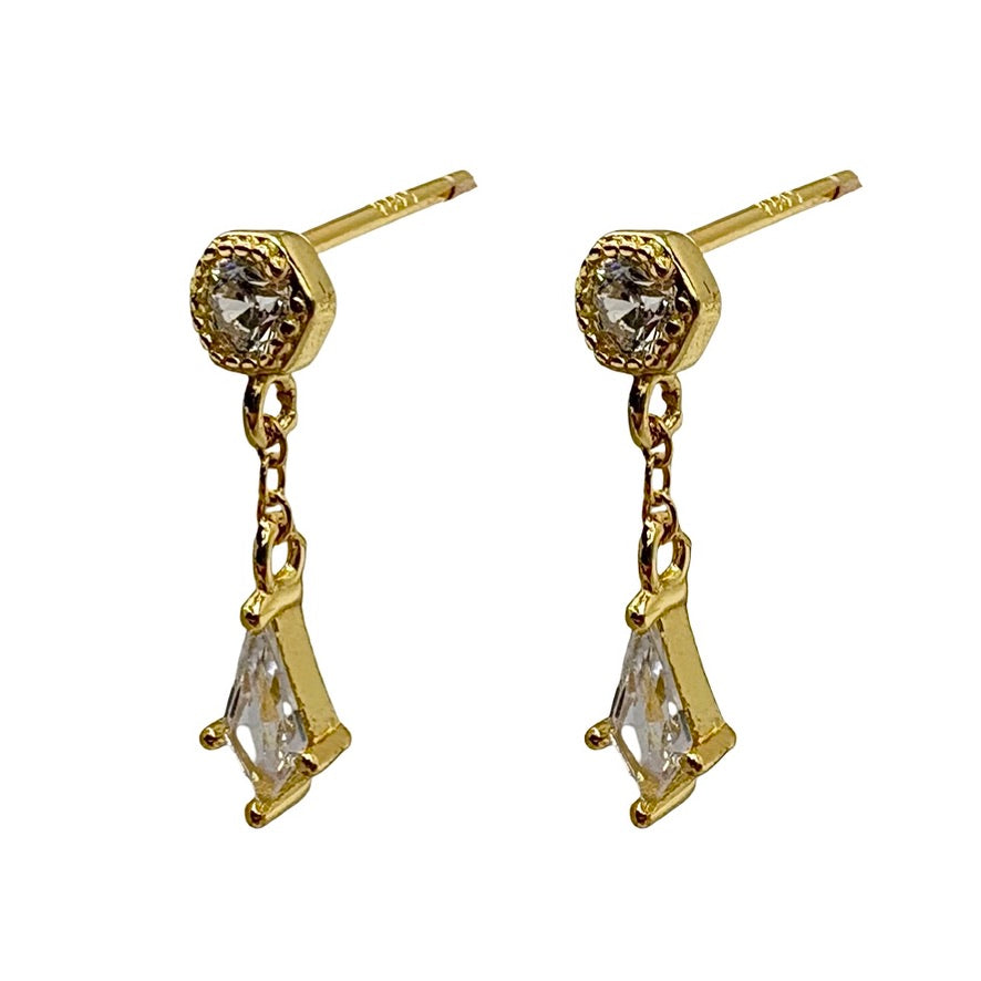 Gold Drop Stud With Kite Shape Clear Cubic Zirconia