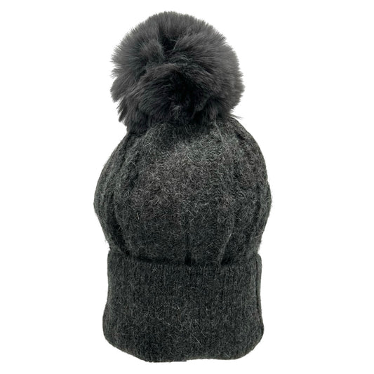 Faux Fur Cable Knit Pom Pom Hat