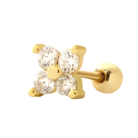 Gold 4 Petal Flower Stud With Cubic Zirconia