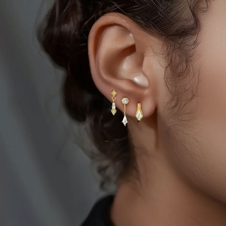 Gold Drop Stud With Kite Shape Clear Cubic Zirconia