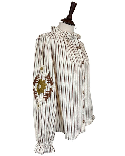 Reine Striped Floral Embroidered Sleeve Blouse