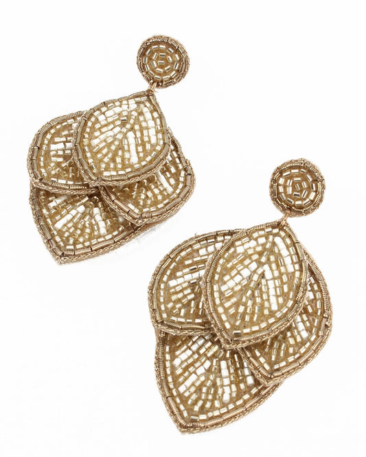 Gold Beaded Leaf Earrings
