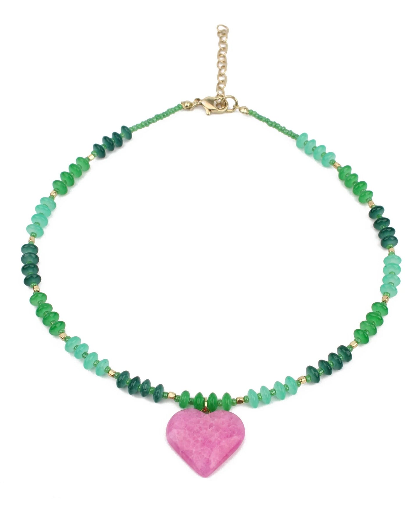 Green Glass Beaded Necklace With Pink Heart Charm