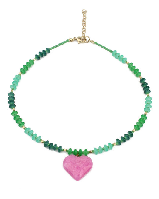 Green Glass Beaded Necklace With Pink Heart Charm