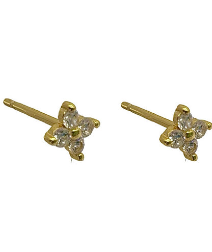 Gold 4 Petal Flower Studs With Cubic Zirconia