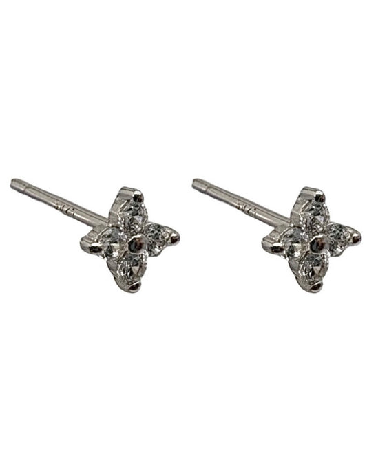 Silver 4 Petal Flower Studs With Cubic Zirconia