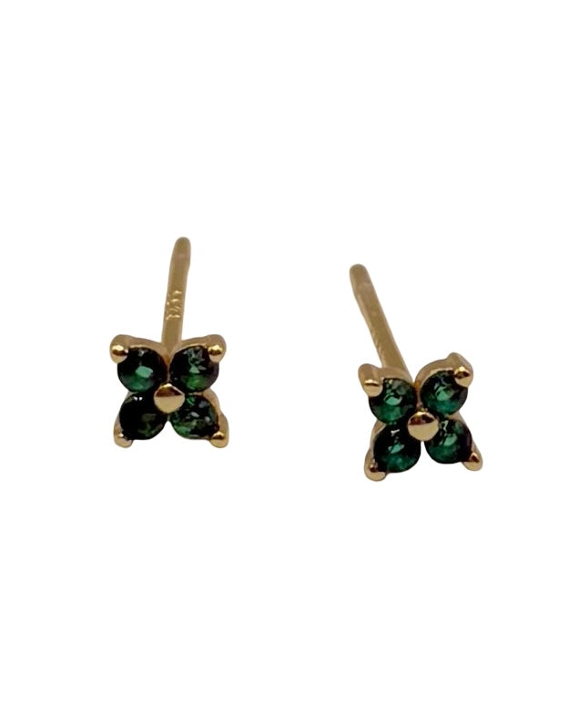 Gold & Green 4 Petal Flower Studs With Cubic Zirconia