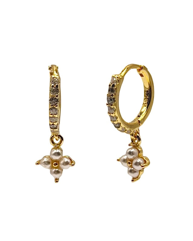 Gold 4 Petal Pearl Flower Drop Huggie With Cubic Zirconia