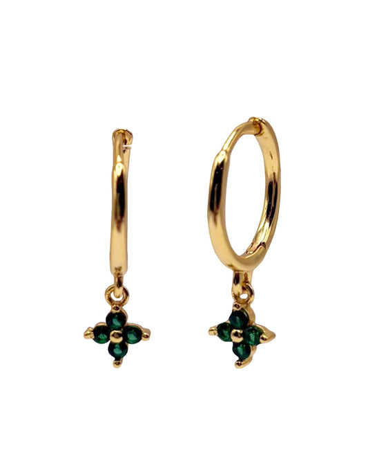 Gold & Green 4 Petal Flower Drop Huggie With Cubic Zirconia