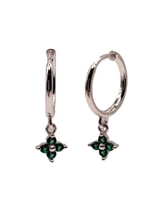 Silver & Green 4 Petal Flower Drop Huggie With Cubic Zirconia
