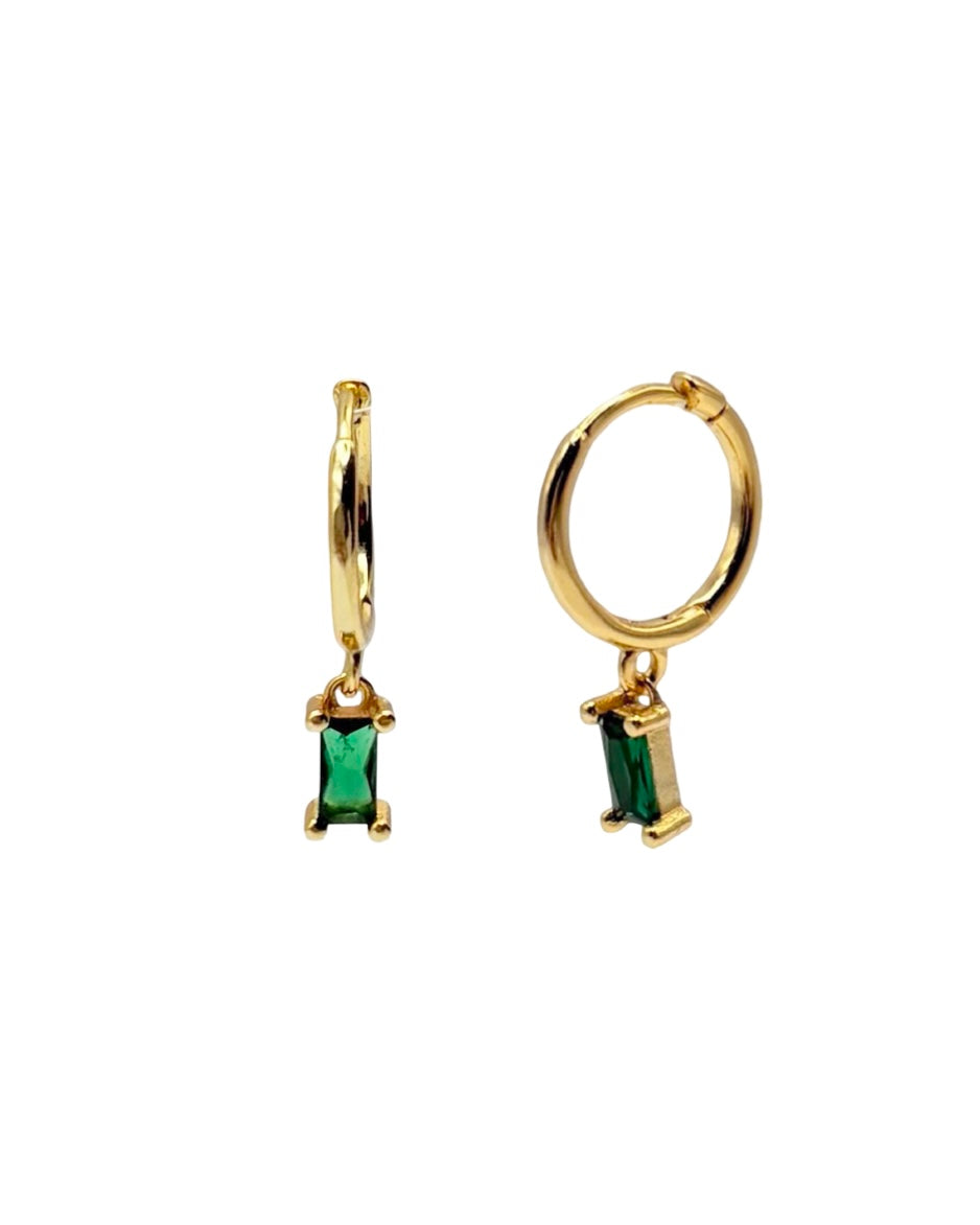 Green Rectangle Drop Huggie With Cubic Zirconia