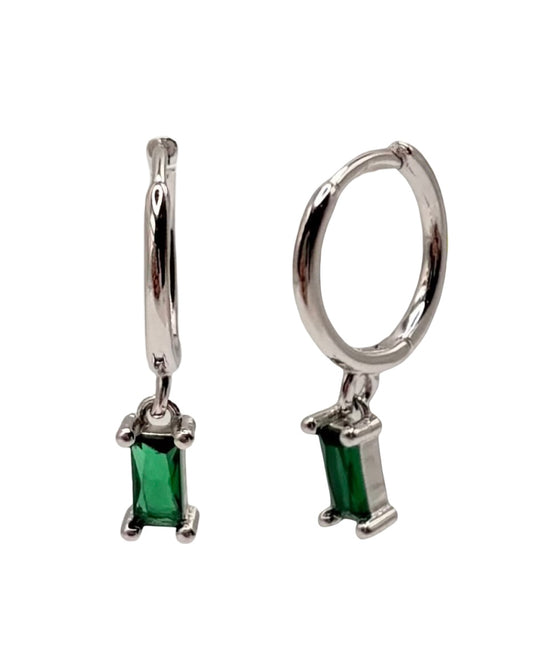 Green Rectangle Drop Huggie With Cubic Zirconia