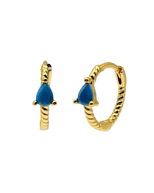 Gold & Blue Ribbed Hoops With Teardrop Cubic Zirconia