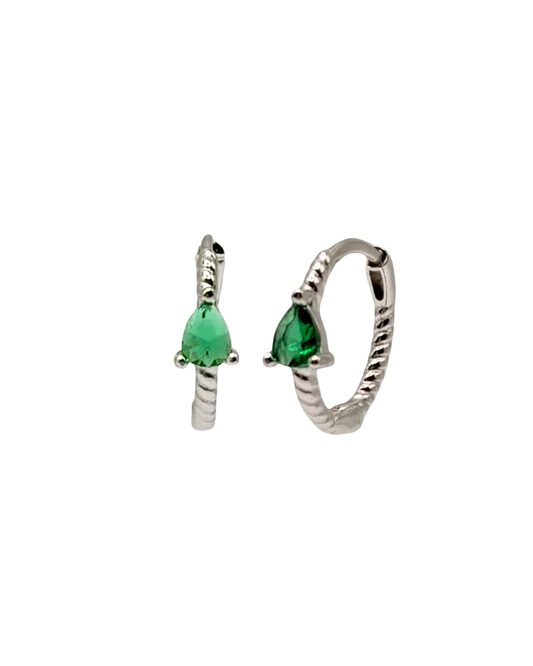 Silver & Green Ribbed Hoops With Teardrop Cubic Zirconia