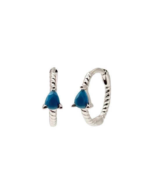 Silver & Blue Ribbed Hoops With Teardrop Cubic Zirconia