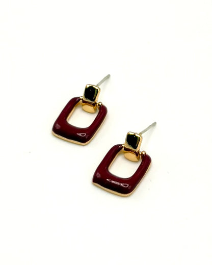 Square Enamel Burgundy Drop Earring