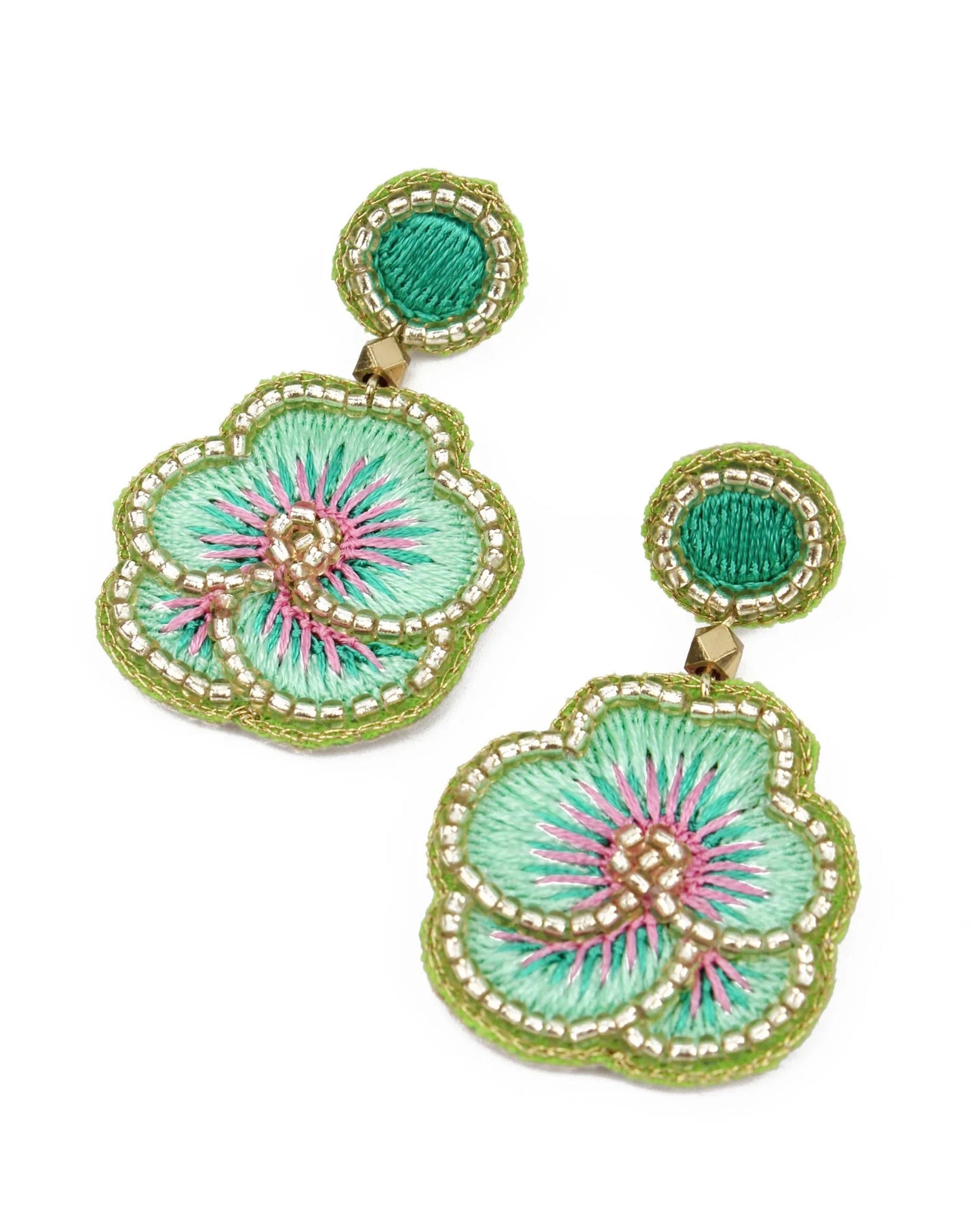 Mint Green Pansy Beaded Earrings