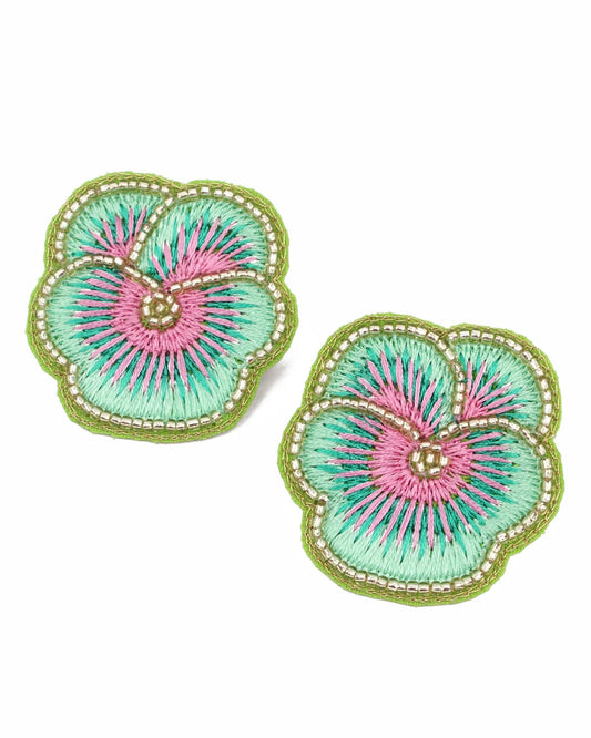 Mint Green Pansy Stud Beaded Earrings