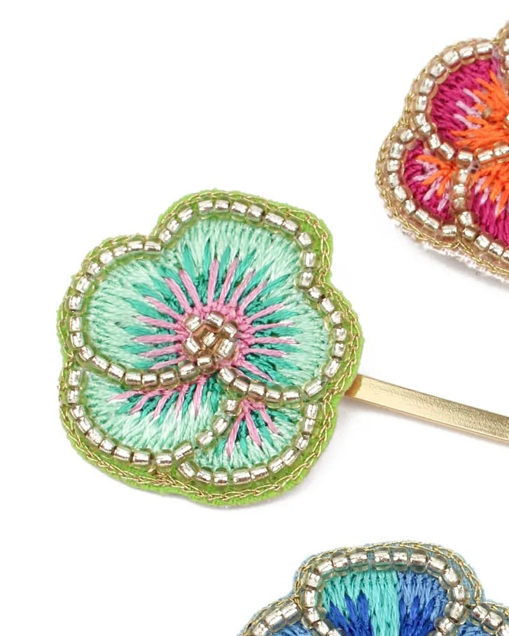 2 Mint Green Pansy Hair Slides