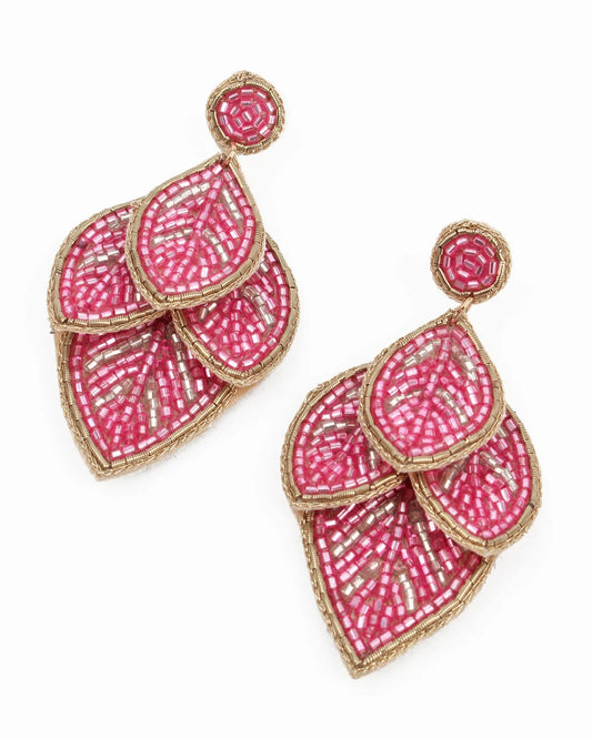 Pink Beaded Leaf Earrings