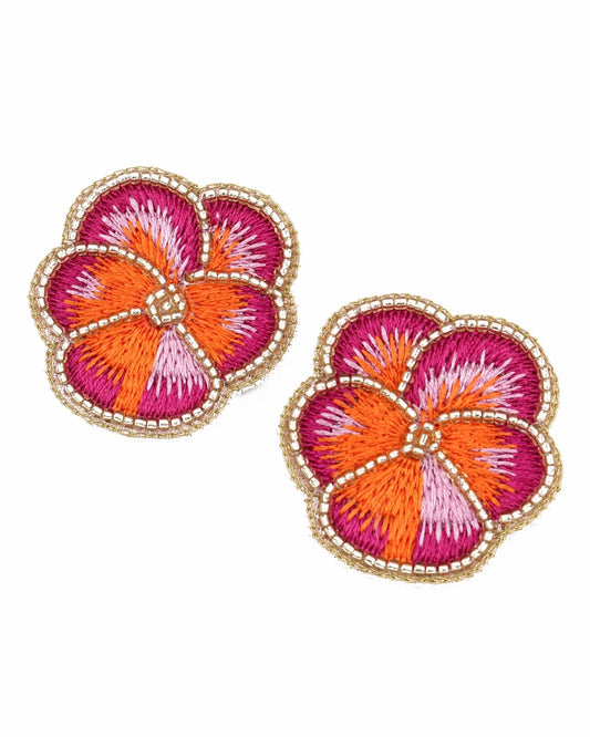 Pink Pansy Stud Beaded Earrings
